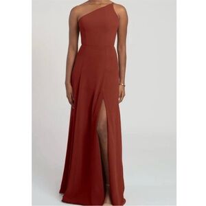 BHLDN Jenny Yoo Kora One Shoulder Chiffon A-Line Maxi Dress Formal Rust Brown 6